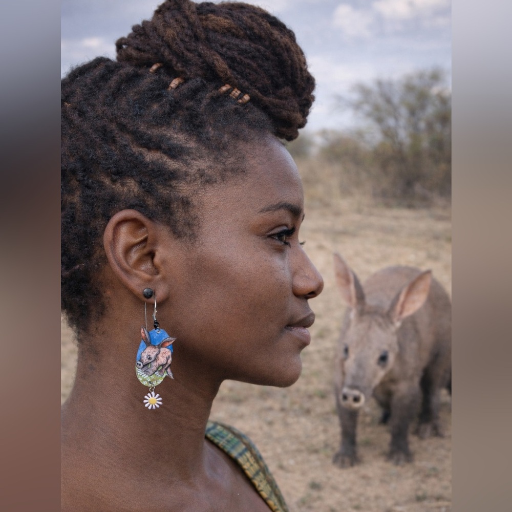 Handpainted Aardvark earrings sterling wires flowers dirt pig Africa wildlife
